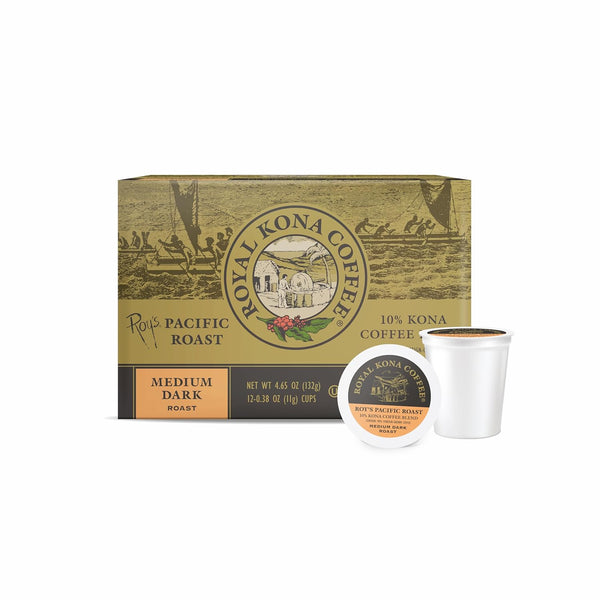 Royal Kona Roy's Pacific Coast, 10% Kona Coffee Blend, Medium-Dark Roast Single-Serve Pods, 12 Count Box