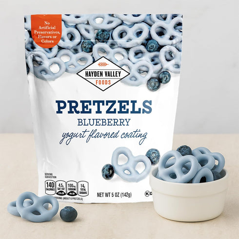 5 oz Hayden Valley Foods Blueberry Yogurt Flavored Covered Pretzels | Resealable Bag | Gourmet Flavored Blue Pretzels