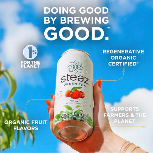 (12 Pack) 30mg 0 12 16 oz Steaz - Zero Sugar Organic Green Tea - Peach Mango Natural Caffeine, Calories, Sweetened Iced