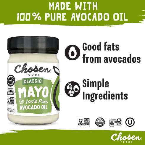 12 Oz 100% 355mL (Pack 1) Chosen Foods Classic Mayo, Fl - Pure Avocado Oil-Based Mayonnaise - Non-GMO, Gluten-Free