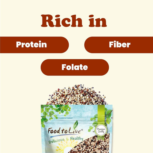 6 Food to Live Tri-Color Quinoa Grain, Pounds Blend of White, Black, and Red Whole Seeds. Pre-Washed and Ready to Cook.