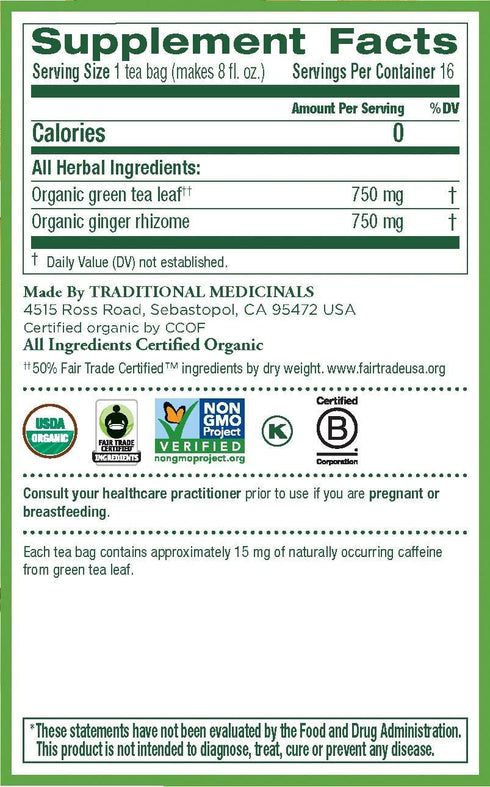 Traditional Medicinals Organic Green Tea Ginger Herbal Tea, Promotes Healthy Digestion, 16 Tea Bags