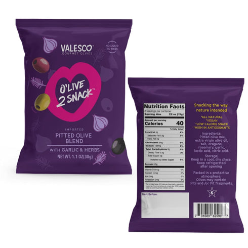 2 Pack, 6 1 oz (12 Valesco, O'Live Snack Pitted Olives Variety Flavors, Pouches)