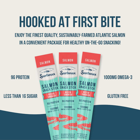 Surfsnax Omega-3's, Whole30, 10 Count Salmon Jerky Snack Sticks - Sustainably Farmed Beechwood Smoked Salmon Jerky