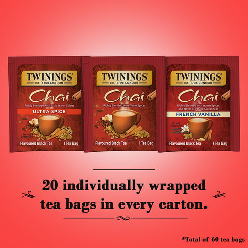 Twinings Chai Tea Variety 3-Pack – Chai, Ultra Spice Chai, and French Vanilla Chai, Caffeinated Black Tea Bags, 20 Count Each