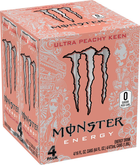 16 (Pack 4) Monster Energy Ultra Peachy Keen, Sugar Free Energy Drink, Ounce