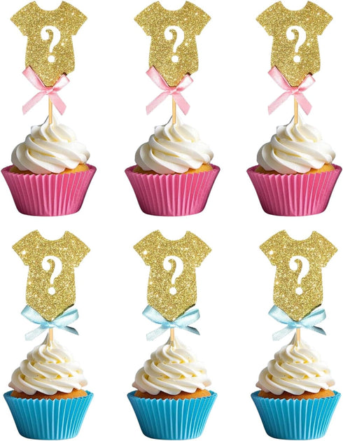 ALISSAR 30-pack Glitter Gender Reveal Cupcake Toppers, Baby Shower Party Decoration Supplies for Boy or Girl