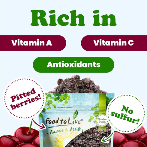 12 Food to Live - Dried Sour Cherries, Ounces Tart, Soft & Juicy Nature's Candy. Whole Fruit Snack. Lightly Sweetened