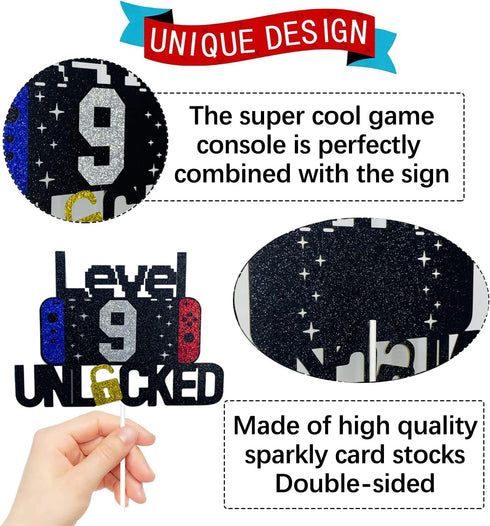 Happy 9th Birthday Cake Topper, Level 9 Unlocked for Kids, Boys & Girls Birthday Party Decoration