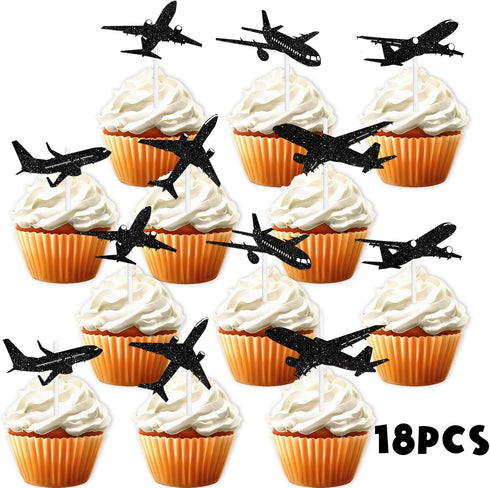 LETLIMIT 18pcs Black Glitter Silhouette Airplane Dessert Cupcake Topper Aviation Flying Theme Decorations Baby Shower