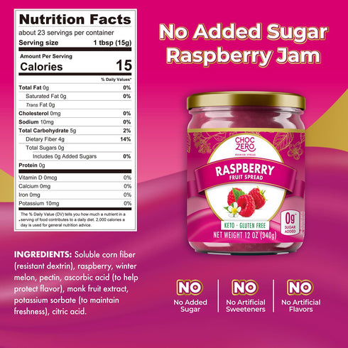 12 (Pack 1) ChocZero Raspberry Jam Preserves, No Added Sugar, Keto Fruit Spread, Great Source of Fiber, All Natural