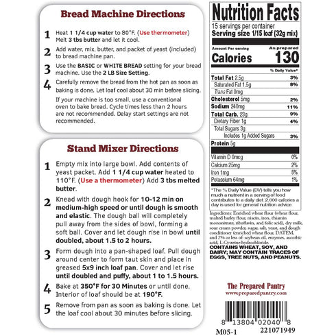 Pack; The Prepared Pantry Sour Cream White Gourmet Bread Mix; Single For Bread Machine or Oven