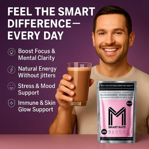 10-in-1 150g SMART MATE Adaptogenic Yerba Mate Coffee Alternative Nootropic Drink Mix with Ashwagandha, Collagen