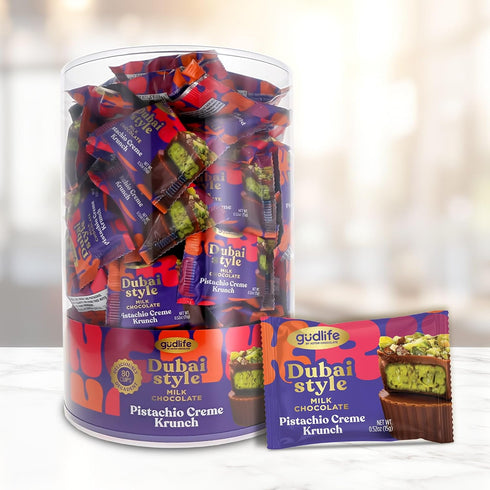 80 .52oz Dubai Style Chocolate Individually Wrapped Pistachio Creme Cups In Tub, Gourmet Milk Chocolate Bites