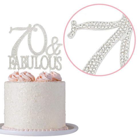 70th Birthday Party Cake Topper - Premium Silver Metal, Sparkly Rhinestone Decoration, 70 and Fabulous, Great