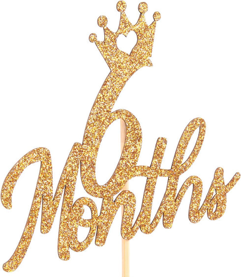 Gold Glittery 6 Months Cake Topper for Baby's Half Year Old Birthday Party, 1/2 Birthday, Baby Shower Decorations