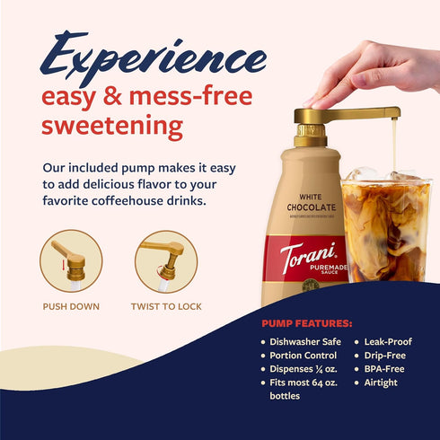 4lb 64 Oz Torani Puremade White Chocolate Sauce for Coffeehouse Drinks and Desserts, Large Bottle, Pump Included, Fl