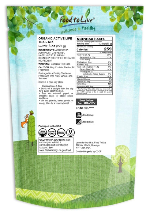 8 Food to Live Organic Active Life Trail Mix, Ounces Raw and Non-GMO Snack Mix Contains Cashews, Pumpkin Seeds