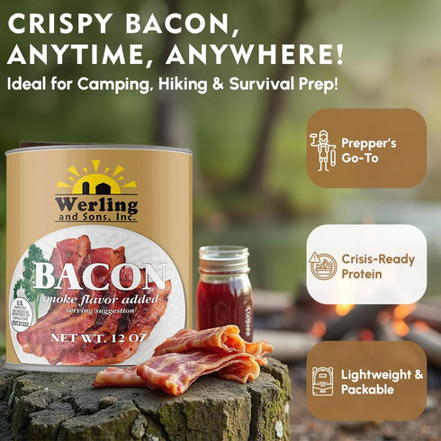 12 oz 5 Pack 1 Werling Fully Cooked Canned Bacon Ready to Eat Smoked Bacon, Shelf Stable up to Years, Long-Term Food