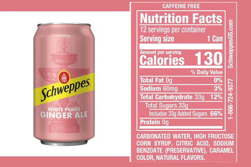 Schweppes 12, 12oz White Peach Ginger Ale - Refreshing, Crisp, Delicious - Cans