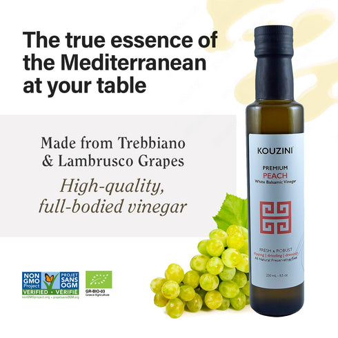 250ml Kouzini Ultra-Premium Peach White Balsamic Vinegar, Aged, No Added Sugars or Preservatives, Ideal for Salads
