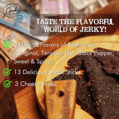 21 Pack 5 13 3 Jerky.com Pieces of Beef Jerky Variety & Meat Stick Gift Box for Men - Including Flavors of Beef Jerky