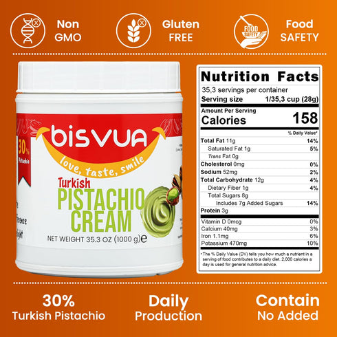 30%, 35.3 Oz (1 BISVUA Premium Pistachio Cream kg) Natural Pistachio Butter Spread Bulk | Dubai Chocolate Bar, Knafeh