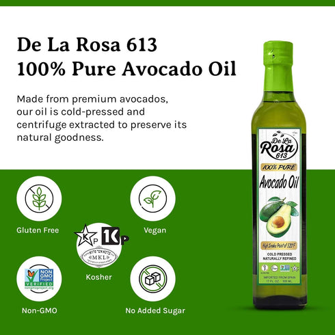 100% 17 Oz (Pack 1) De La Rosa Pure Avocado Oil, Kosher for Passover, Vegan, Non-GMO & Gluten Free, Great for High