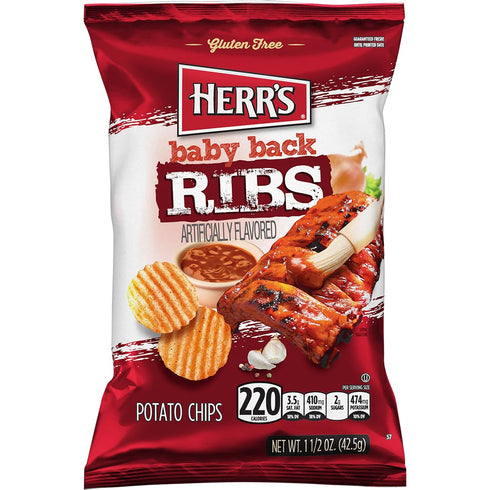 1.5 Oz (Pack 24) Herrs Baby Back Ribs Potato Chips, Gluten Free Snacks, Bold BBQ Flavor, Bag