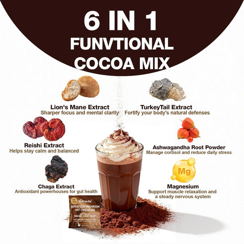 Immune, 0g 10 Count Veltracha Mushroom Hot Cocoa, Magnesium Calm Hot Chocolate Blend with Reishi, Chaga, Lion's Mane