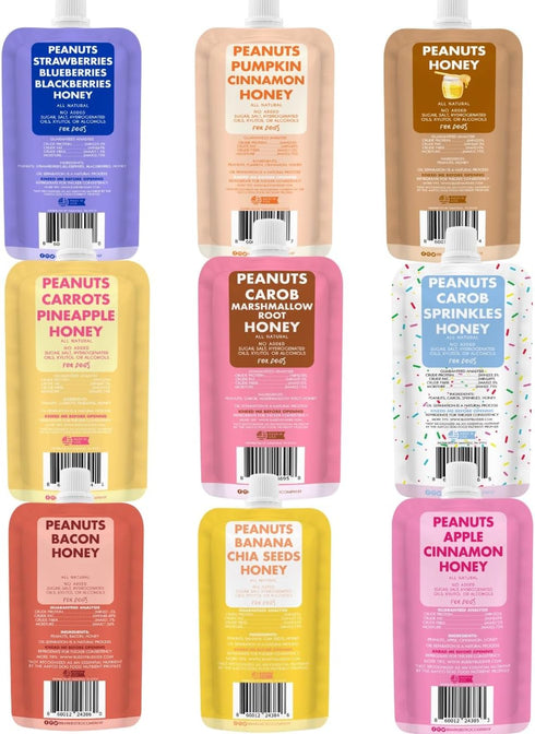 9 Pack 4oz BUDDY BUDDER Dog Peanut Butter, Mixed Flavors, Pouches Dog Peanut Butter, Made in USA