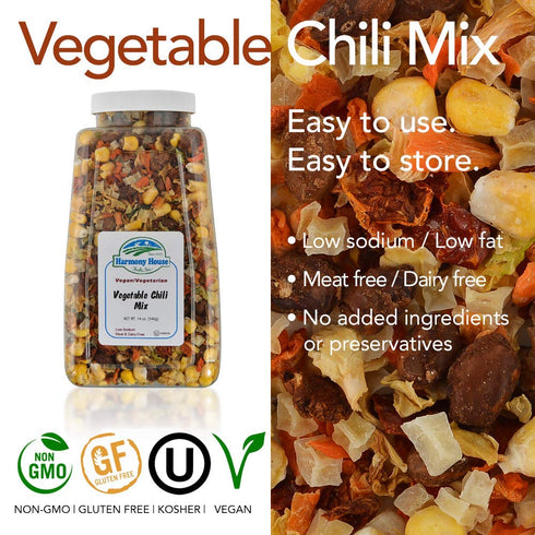 (12.5 oz. Harmony House Plain Vegetable Chili Mix Gluten Free, Low Sodium, For Cooking, Camping, Emergency Supply