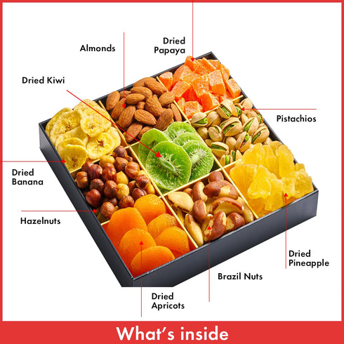 9 Dried Fruit & Nuts Gift Basket - Variety Assortment Mix - Gourmet Dried Fruit and Nuts Snack Box, In An Elegant Gift