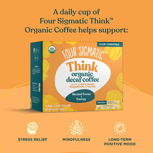 Immune 24 Count Four Sigmatic Decaf Mushroom Coffee K-Cups | Organic Dark Roast Coffee with Lions Mane & Yacon | Focus
