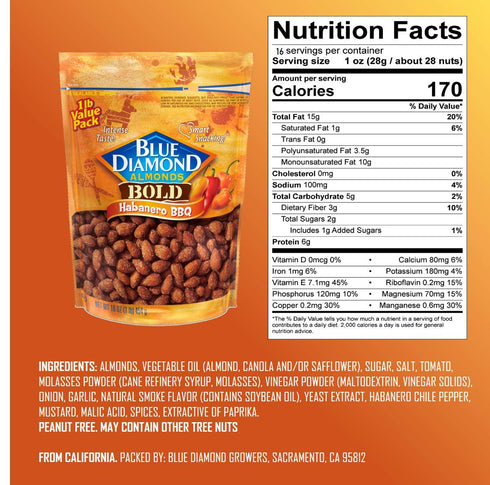 16 Blue Diamond Almonds, Bold Habanero BBQ, Ounce