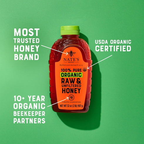 100% 32oz. Nate's Organic Pure, Raw & Unfiltered Honey - USDA Certified Organic - Squeeze Bottle