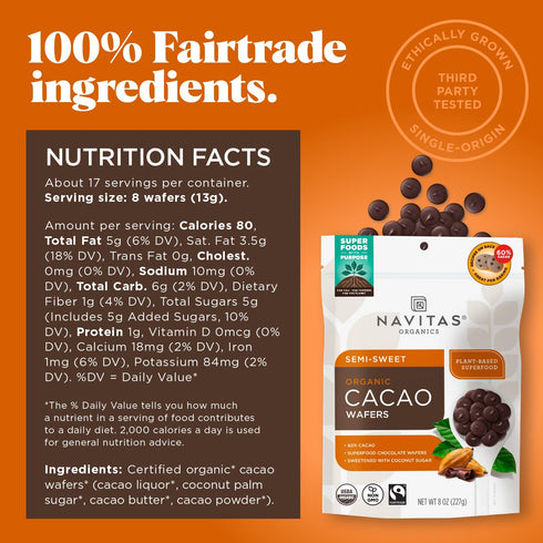 60% (8oz. 17 Navitas Organics Semi-sweet Cacao Wafers Cocoa Dark Chocolate for Baking & Snacking Ethically Sourced