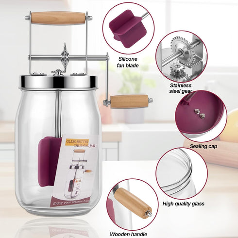(51 OZ) Retro Manual Butter Churn Kit - Wooden Hand-Crank Butter Maker with Glass Jar, Perfect for Fresh Cream, Keto