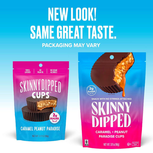 2g 3.2oz, 4 Pack (24 SkinnyDipped Caramel Peanut Paradise Cups and Dark Chocolate Peanut Butter Cups, Sugar per Cup