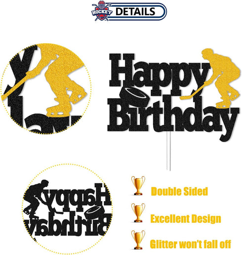 Hockey Cake Topper with Player Figurines - Happy Birthday Decor for Kids, Boys, Girls, Ice Hockey Party Supplies