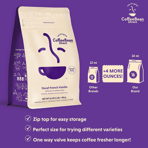 1 (Pack 1) Coffee Bean Direct Decaf French Vanilla Flavored, Whole Bean Coffee, Rich Vanilla Taste, Light Roast, Pound