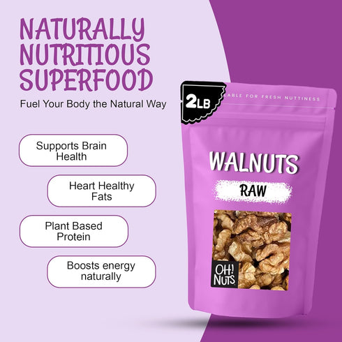 2lb Oh! Nuts Organic Raw Walnuts Bulk Bag - Unshelled Healthy Mix of Chandler Halves & Pieces - Fresh & Healthy Keto