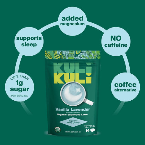 Kuli Kuli Vanilla Lavender Superfood Latte - Magnesium - Vegan & Organic Sleep Support with Chamomile, Passionflower
