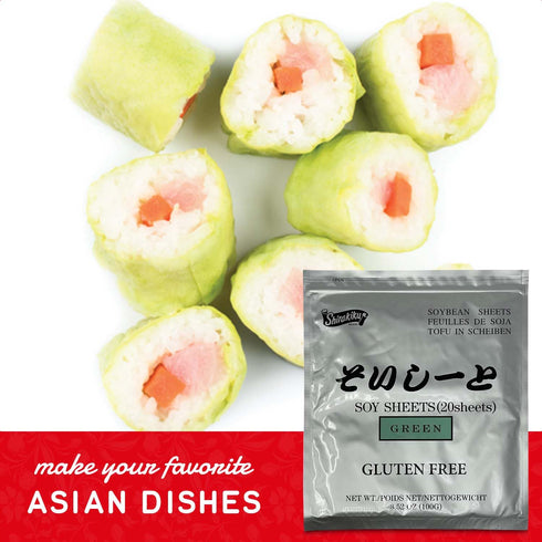 20 (3.52 Oz) Shirakiku Green Sushi Soy Wrapper- Authentic Japanese Gluten-Free Wraps for Tofu, sushi | Soy Proteins