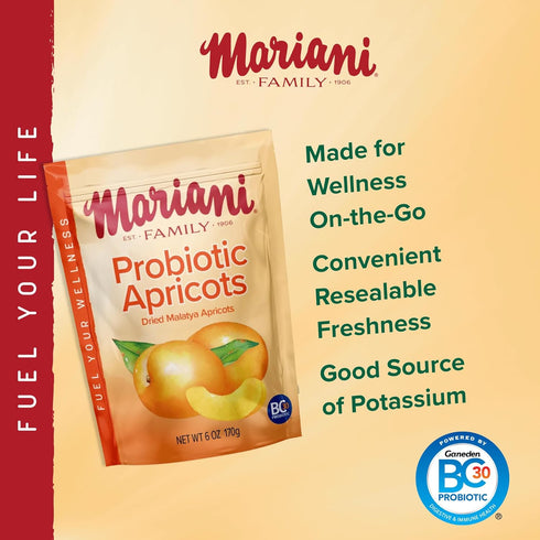 Mariani Probiotic Dried Apricots, 6oz Resealable Bag, No Sugar Added, Natural Mediterranean Apricots with BC30