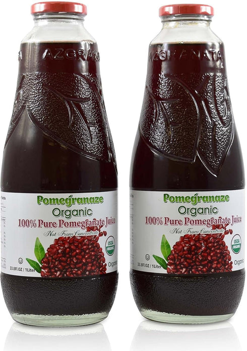 Pomegranaze 100% Organic Pomegranate Juice, 33.8 Oz Glass Bottle (2 Pack) No Sugar,