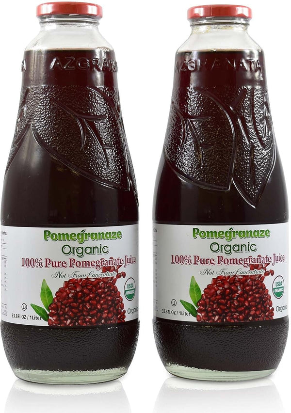 Pomegranaze 100% Organic Pomegranate Juice, 33.8 Oz Glass Bottle (2 Pack) No Sugar,