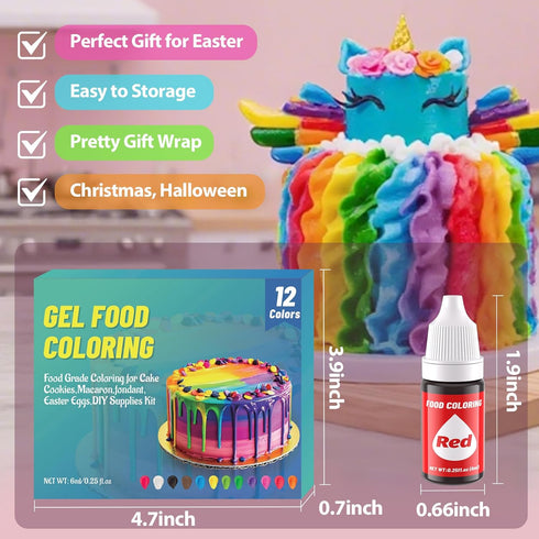 12 Set, 0.25 Fl.oz(6ml)/Bottles Color Gel Food Coloring Liquid KATSPRO Food Grade Tasteless Vibrant Food Coloring Dye