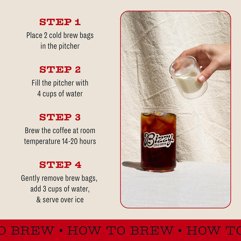 Bizzy Organic Cold Brew Coffee, Smooth & Sweet Blend, Medium Roast, 4 Count Brew Bags
