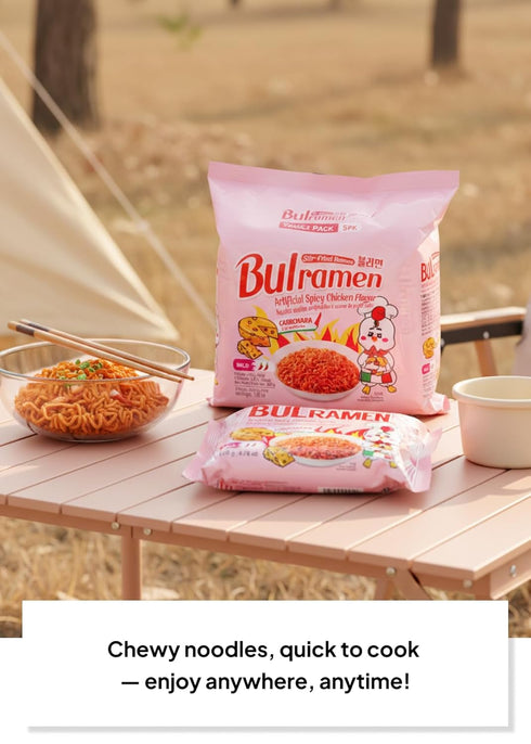 5 Packs (4.76 oz Korean Food Bulramen Stir-Fried Ramen Mild Spicy Carbonara, Artificial Spicy Chicken Flavor, Each)
